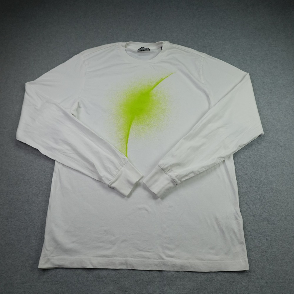 Diesel T Shirt Mens Large White Neon Green Spray Graphic Long Sleeve